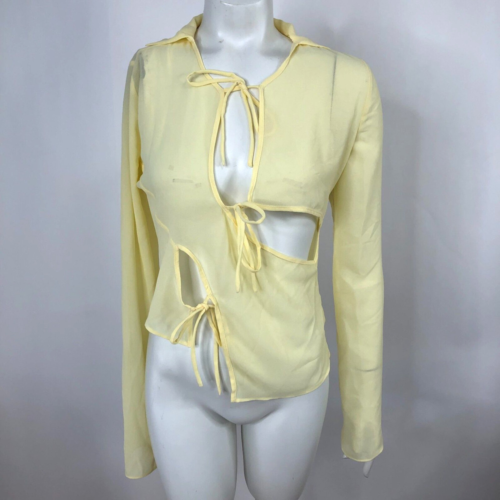 Guizio Small Medium Sheer Pullover Lace Tie Top Long Sleeve Collared Blouse HR1